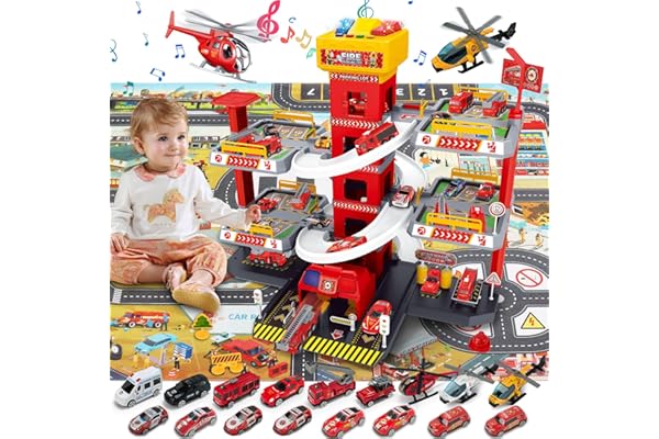 BuzzoXerex 5 Etages Garage pour Enfants, Piste de Course avec 14 Voitures et 2 Hélicoptère, Jouet Garage Voiture avec Ascenseur Electrique Circuit, Cadeaux pour Enfants 5 6 7 8 9 Ans (Rouge)