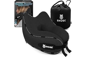 SNUGL Travel Pillow – Memory Foam Neck Pillow for Travel – Support Cushion for Airplane with Carry Bag & Clip - Holiday Essentials (Black - Adult Small)