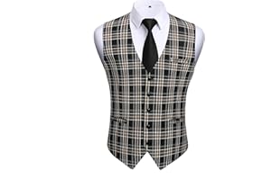 HISDERN Gilet da Abito da Uomo a Quadri Classico Elegante Panciotto Uomo in Cotone Formale Casual Scozzese Senza Maniche da Matrimonio con Tasche