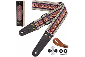 Nefelibata Guitar Strap, Cotton Vintage Embroidered Guitar Straps with Genuine Leather Ends for Bass, Electric, Acoustic Guitars, Free Strap Button, Strap Locks and Guitar Picks