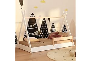 smartwood Cama Casita 90x190 - Cama Montessori Tipi F Blanco de Madera de Pino FSC con Barandilla Anti-caídas y Somier de Lamas hasta 230 kg - para Niño y Niña - Montaje Fácil
