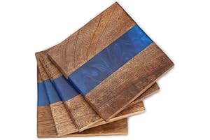 Ajuny Podstawki pod napoje – ręcznie wykonane dekoracyjne drewno i żywica kwadratowa antypoślizgowa podkładka ochrona blatu na kubki do herbaty kubki do kawy i szklanki, niebieskie, zestaw 4 szt