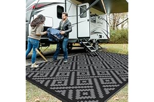 GENIMO Outdoor-Teppich für Terrasse, 25,4 x 35,6 cm, wasserdicht, große Matte, wendbar, Kunststoff, Campingteppich, Wohnmobil, Veranda, Deck, Wohnmobil, Balkon, Hinterhof (schwarz und grau)
