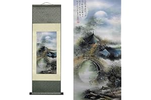 VALART Peinture sur Rouleau Soie Décoration Murale Asiatique Défilement ​Peinture Peinture Paysage Rivière Cascade - Ville d'eau Décoration Murale Chinoise à Suspendre Décoration Orientale (94 x 30cm)