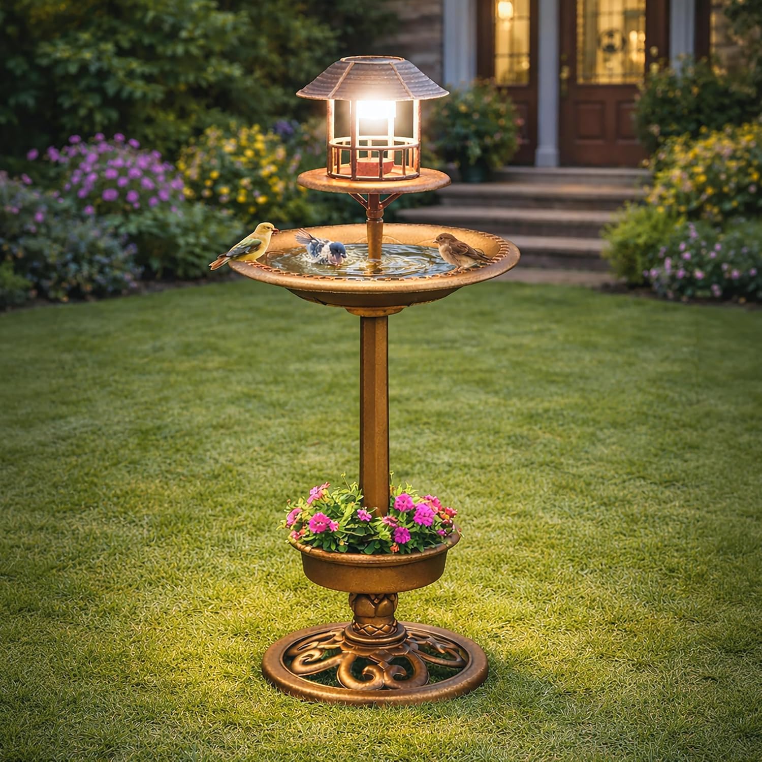 Garden Mile 1m Extra Large Bird Bath & Feeding Station with Solar Garden Light Bronze Effect Bird Feeder with Planter Freestanding Bird Bath Feeding Station Outdoor Solar Powered Garden Feature