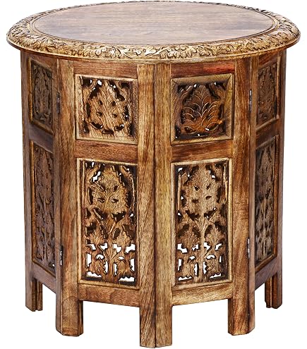 MARRAKESCH Tavolino In Legno Di Mango Intagliato – Stile Orientale, Marrone, 38x28 Cm