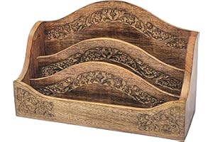 Purity Style Rustic Carved Wooden Letter Rack/Desk Tidy - Three Compartment Mango Solid Wood Free Standing Mail Holder for Home