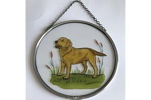 WINGED HEART Decorative Hand Painted Stained Glass Window Sun Catcher/Roundel in a Golden Labrador Dog design