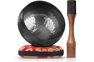 Bol Tibétain – Bol Tibétain Chantant pour la Purification et la Méditation – Silent Mind – Bol Méditation – Inclut un Maillet avec Prise en Main Type Crayon et un Coussin