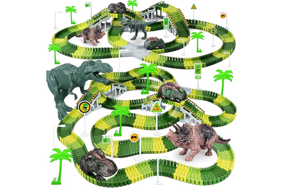 252 Pcs Dinosaur Race Track Playset - Flexible & Bendable Track with 2 Dinosaur Cars,Car Track Construction Toys,Boy Toys,Birthday for 3 4 5 6 7 8 Year Olds Boys & Girls