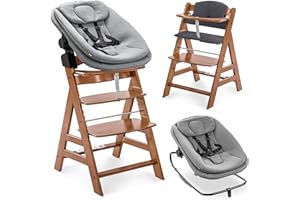 hauck Hochstuhl Alpha+ Newborn Set 3in1 Highchair Bouncer - mitwachsender Holz Babyhochstuhl ab Geburt, inkl. Neugeborenenaufsatz & Sitzpolster - Walnuss