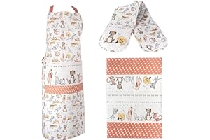 SPOTTED DOG GIFT COMPANY 3 Piece Kitchen Textiles Set - Dog Apron, Double Oven Gloves & Tea Towel, 100% Cotton, Cute Animal Themed Kitchen Accessories for Cooking & Baking, Gifts for Dog Lovers
