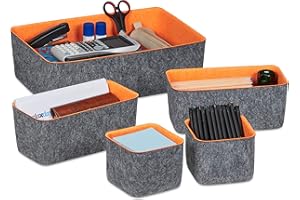 Relaxdays Filcowy organizer do szuflad, 5-częściowy system porządkowania na biurko, 3 rozmiary, filcowe kosze, szary/pomarańczowy, 1 sztuka