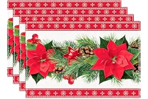 PATIMATE 4pcs Mantel Individual Navideño Rojo, Salvamanteles Individual Navidad Cártamo con Estampado de Campanas de Árbol de Navidad Flor Roja, Decoración Mesa Navideña para Fiesta Navidad Invierno(45x30 cm)