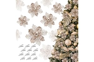 Gwhole Fiori per Albero di Natale Champagne 21 pezzi 3 Taglie Decorazioni Stelle Addobbi Ornamenti Natalizi per Casa Interno Ghirlanda