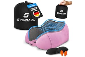 ‎STYNGARD STYNGARD Nackenkissen Reise aus Memory Foam - Nackenkissen Auto mit Schlafmaske und Ohrstöpsel für erholsames Reisen - Nackenkissen Flugzeug Modell Malmö (Rosa, Knopfverschluss)