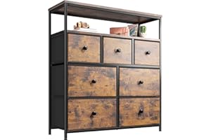 EnHomee Chest of Drawers Bedroom with 2 Layer Shelves and 7 Fabric Drawers Easy to Install, Tall Chest of Drawers with Sturdy Steel Frame and Wood Top for Living Room, Closet, Hallway, Rustic Brown