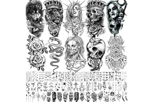 COKTAK 62 Sheets Large Wolf Lion Skeleton Temporary Tattoos For Men Women Arm, 3D Temp Bulk Realistic Tattoo Stickers For Adults Neck, Black Scary Skull Halloween Vampire Fake Tatoos Snake Flower Compass