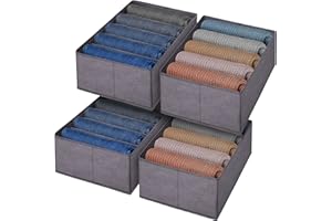 wsryx Drawer Organisers, Foldable Wardrobe Storage Organiser Set of 4, Fabric Drawer with Dividers Closet Box for Clothes, Jeans, Underwear, Bra, Sock, Ties, T-shirt, Belts, Makeup (Grey) (GREY 4)