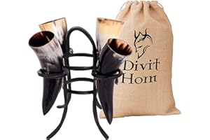 DIVIT HORN Divit Genuine Viking cuerno para beber con pantalla de madera | Cuerno para beber cerveza medieval auténtica | Decoraciones de latón y bolsa de regalo de lino incluida. (60 ml, (Set of 4) Iron Display