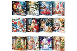 VIDILLO 12Pcs Diamond Painting Christmas Cards, 5D DIY Christmas Diamond Art Cards Handmade Crystal Christmas Greeting Card Kits Christmas Scene Seasonal Cards with Envelopes Craft Gifts (Joyful Scene)