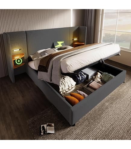 Aoskem Polsterbett 180x200 Cm Mit Stauraum & Kopfteil – USB, Leselicht & Kabelloses Laden | Leinen Grau, Ohne Matratze