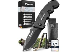BERGKVIST® K10 Couteau pliant (couteau à deux mains) - Couteau de poche pour le camping, la chasse ou la survie - avec bâton de feu et étui de ceinture - Tout métal