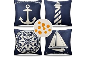 CHEEKYWARES Funda de Cojín Impermeable Exteriores 40 x 40 cm Ancla Náutica Marítima Faro Brújulas Velero Playa Fundas Cojines Lino Azul Marino Fundas de Almohada para Sofá Jardín Coche Oficina Hogar,Juego de 4