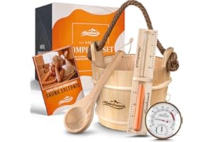 ALPENHAUCH Sauna Eimer mit Kelle [100% Naturholz] - Edler Saunakübel mit Sanduhr & Thermometer - Langlebiges Sauna Zubehör - Aufgusseimer Set (Saunaeimer mit Kelle, Sanduhr und Thermometer)