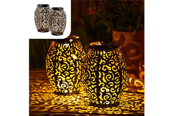 Gadgy Lot de 2 Lanternes Solaires Marocaines – Lampes LED Extérieures Étanches à Suspendre ou à Poser – Éclairage Oriental avec Effets d’Ombre pour Jardin, Terrasse ou Balcon