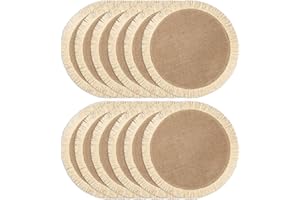 FunWheat Okrągłe plecione podkładki jutowe, zestaw 12 szt., na stół w jadalni, 38 cm, odporne na wysokie temperatury, jutowe, tkana, tkanina, naturalne maty do dekoracji z frędzlami, beżowe
