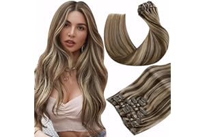 ‎HETTO 【Heißes Verkaufsprodukt】Hetto Braun Clip in Extensions Echthaar Remy Clip Extensions Echthaar Naturlcih Haarverlangerung Clip in Extensions #4/27 Dunkelbraun Höhepunkte Rotblond 120g 50 cm