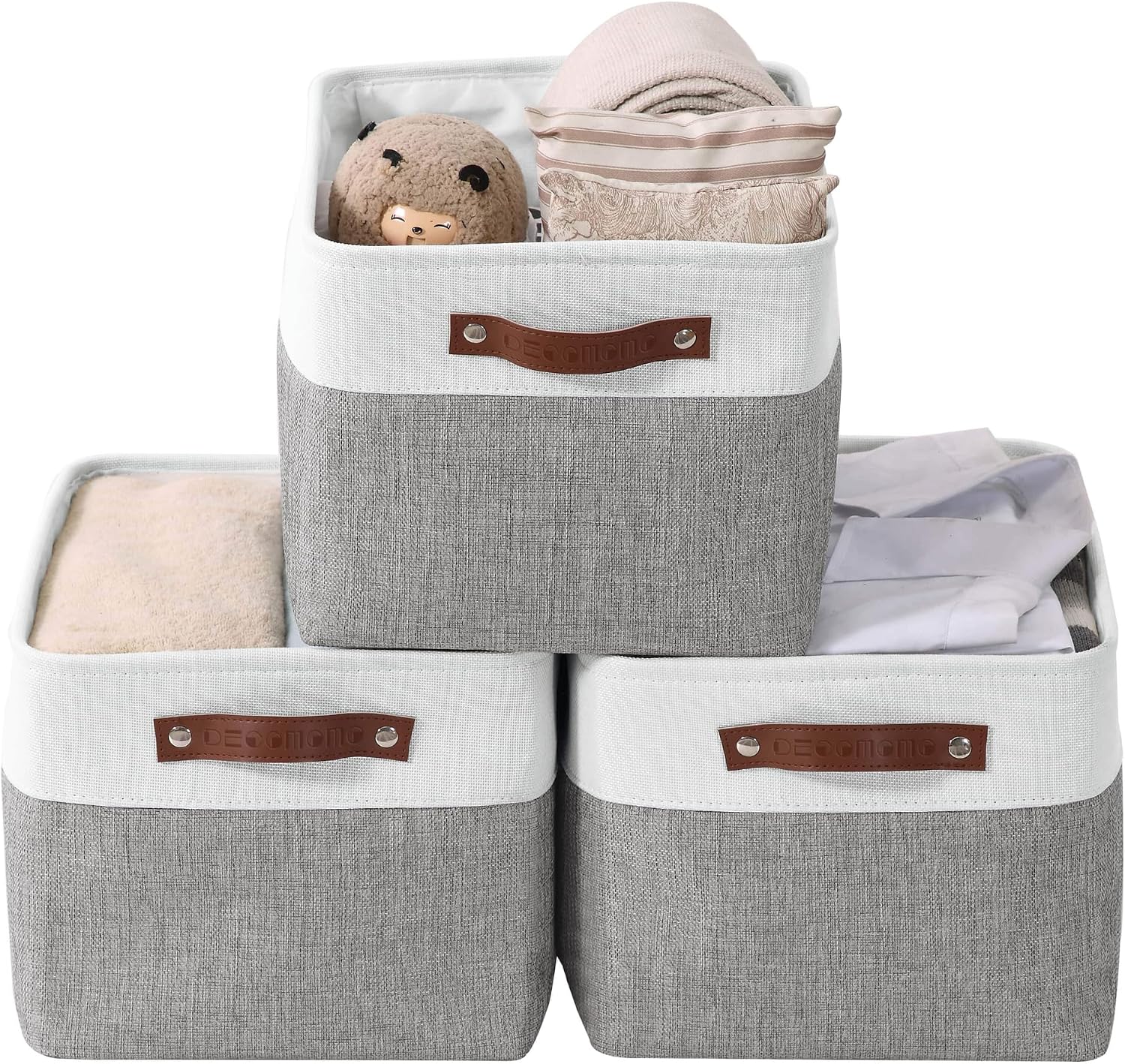 DECOMOMO Storage Baskets | Storage Boxes Fabric Organiser Storage for Wardrobe, Toys, Shelves, Office, Home & Nursery (Large Grey and White 15 x 11 x 9.5 – Set of 3)