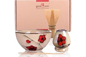 Goodwei Confezione Tè Matcha Giapponese - Set di Lusso Contiene Tazza da Cerimonia, Frullino e Porta Chasen (80, Plum)