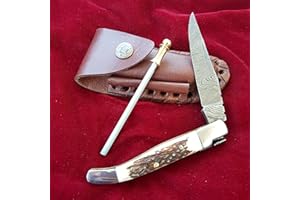 Craftomatik Coltello tascabile in acciaio damascato, coltello pieghevole Laguiole, corno di cervo, acciaio inox, manico in ottone, realizzato a mano, coltello damascato per esterni, FK03