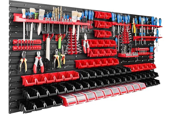 Système de rangement mural pour atelier et garage 172 x 78 cm Avec 78 boîtes empilables et supports d’outils Panneau porte-outil perforé ultra solide