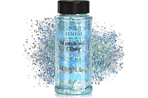 JEMESI Fluorescente Paillettes, 100g Glitter Iridescent, Fluorescente Chunky Glitter Perfetto per Resina Epossidica, Viso, Corpo, Pittura und Artigianato Fai-da-Te - Cielo blu