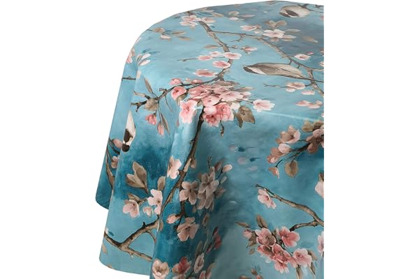 DecoHomeTextil Heimtextilmanufaktur Nappe en Toile cirée, Nappe de Jardin, Moineau Turquoise Ovale 130 x 220 cm, Nappe Lavable, déperlante, pliée