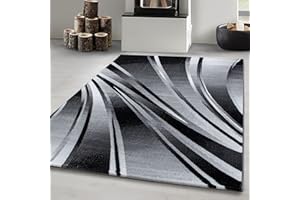 ‎CARPETSALE24 Carpetsale24 Teppich Wohnzimmer Moderne Abstrakt Wellen Design Schwarz - Grau - Weiß 200 x 290 cm - Kurzflor Teppich Schlafzimmer Pflegeleicht Extra Weich - Flauschig Teppich Waschbar Esszimmer Küche