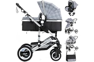 Daliya® Bambimo 3in1 Kinderwagen Kombikinderwagen Riesenset 15-Teilig incl. Babywanne, Buggy, Babyschale mit Fußsack, Alu-Rahmen, Voll-Gummireifen, Wickeltasche, Kindertisch - (Grau-Raster)