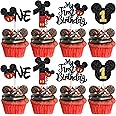 Xsstarmi 24 Pack My 1st Birthday Mouse Inspired Cupcake Toppers, Black and Red Mini One Cupcake Picks Decorations for Baby Shower Kids First Birthday Party Cake Decorations