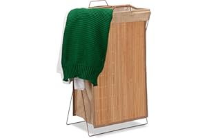 ‎RELAXDAYS Relaxdays Kosz na pranie, bambusowy, składany, 40 l, metalowy stelaż z uchwytami, worek na pranie, wys. x szer. x gł.: 61 x 38 x 22 cm, naturalny