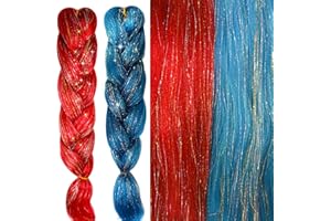 CWAWF 2Pcs Upgraded Ombre Flechten Haar mit Haarverlängerung Tinsel Mashup, buntes synthetisches Flechten 3-Ton für Frauen Mädchen Haar Zubehör 24 Zoll 100g (Rot & Blau)