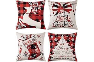 CAROMIO 4er Set Weihnachten Kissenbezüge, 45x45cm Kissenbezug Dekorative Kissenhüllen für Wohnzimmer Schlafzimmer Büro Garten Sofa, Baumwolle Leinen Zierkissenbezug mit unsichtbarem Reißverschluß