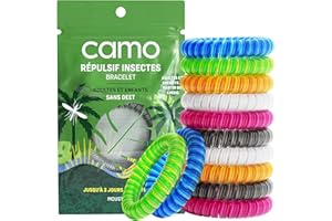 Bracelet anti-moustiques CAMO Max Strength, 12 bracelets anti-moustiques, adapté aux enfants, étanche, emballage refermable, 250 heures de protection (multicolore)