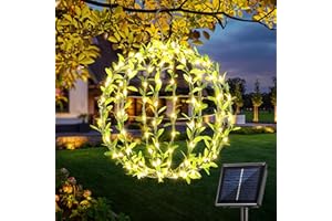Joomer Solar Ball Lights 30cm 120 LED Foldable Metal Sphere Lights with Green Leaf Solar Garden Outdoor Hanging Globe Lighting Waterproof 8 Modes for House Patio Party Tree Decor (Warm White)