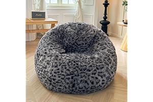 XeGe Faux Fur Leopard Print Bean Bag Chair Cover (No Filler), Fluffy Stuffed Animal Storage Cheetah Bean Bag Home Decor, Furry Fuzzy Big Beanbag Cover for Adults Teens Kids Girls, Anti-slip, Grey