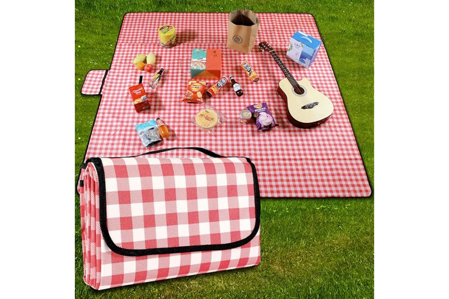 GUSUWU Picnic Blanket Waterproof Beach Rug 200×200cm Picnic Mat Washable Lightweight with Handle Red Checkered for Hiking Travelling Outdoor Camping,Parks