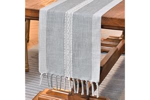 Wracra Runner da tavola in Lino e Cotone con Ricamo, Runner da Tavolo Grigio da Esterno per Interni in Stile casalingo 120cm con Nappe a Mano per Decorazioni di Cucina per Sala da Pranzo di Partito