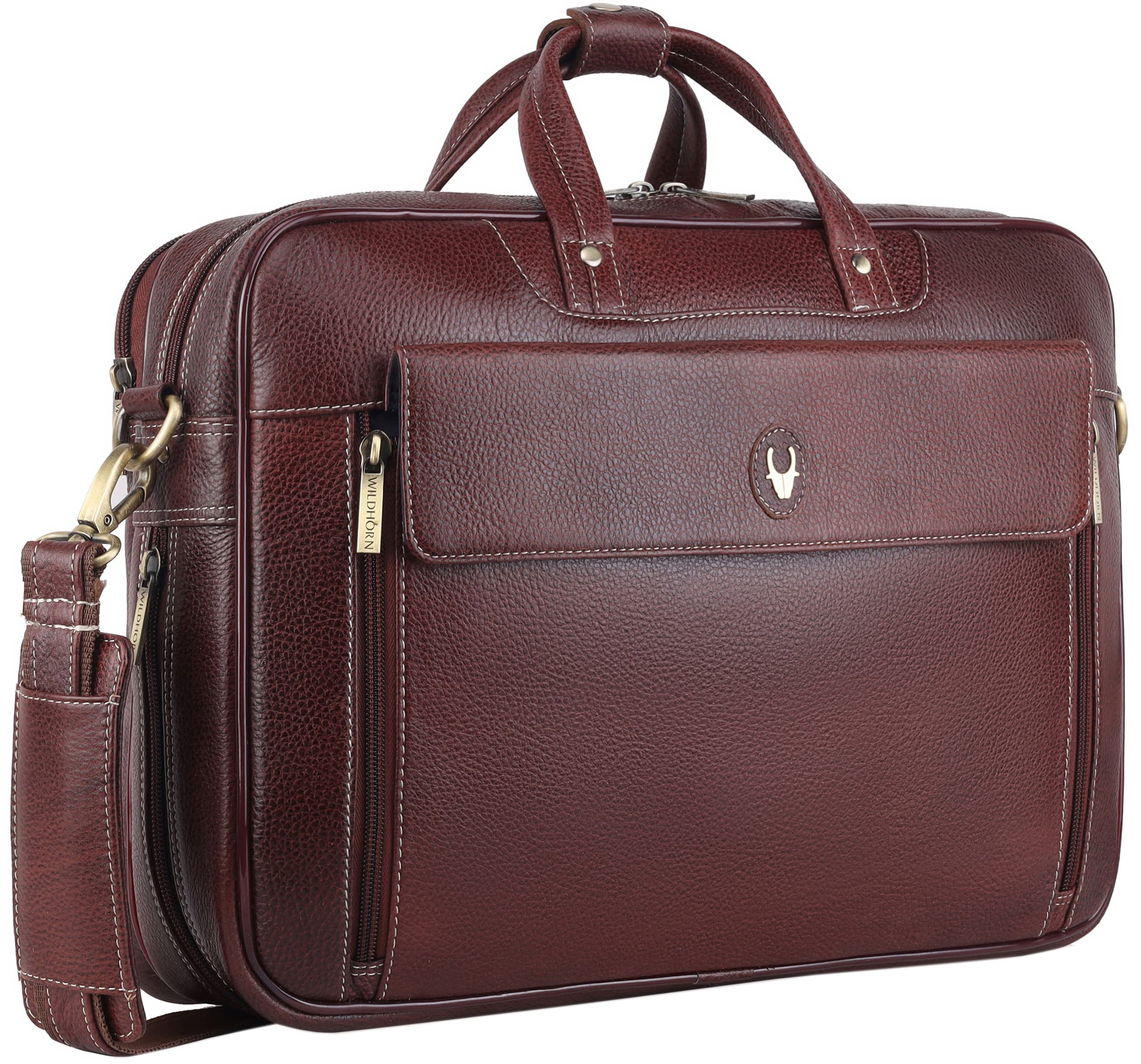 WildHorn Genuine Leather Office Bag for Men – 15.6-Inch Laptop Bag with Adjustable Straps, Multiple Compartments, and a Sleek Professional Design – Durable and Stylish with a 1-Year Warranty.